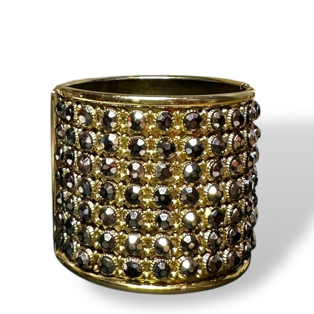 Mixit Gold Bracelet Rhinestones Bangle Wide Cuff Bracelet Hinged Made INDIA Y2K